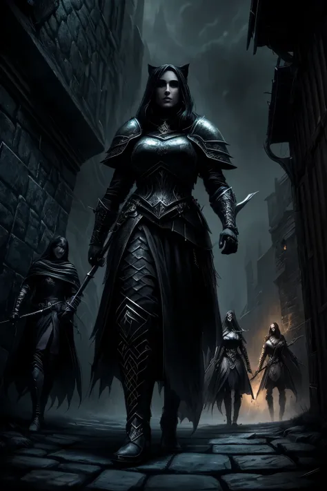  a group of murderers of women in armor walking down a dark alley, with a big wild cat ,  society contest winner ,  fantasy art ,  dark fantasy style  art, dark  fantasy art ,  dark fantasy style , gothic  fantasy art , elegant cinematic  fantasy art , dar...