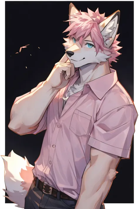 masterpiece， top quality，arctic fox，fox head， long pink hair，avatar，one-sided face，furry，male， pink and white mixed color shirt， Modern simple style ，Long Fox Ears 