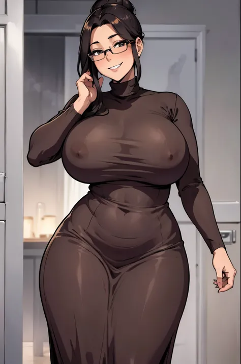 milf with perfectly chubby breeding body standing there looking all serene with a gentle smile, wearing a sweater dress and glasses. her long dark hair is in a low bun, making her even sexier, especially with that warm, sultry grin