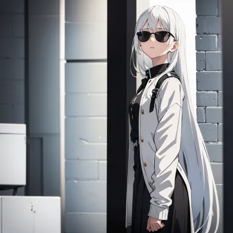  girl ,  white hair , black sunglasses, black clothes, gray tones, grey bricks on the background