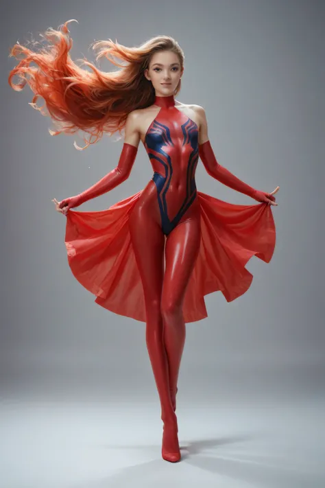 Slim flat chested fenail sporty gymnastic woman in a transparent spiderman bodysuit looks like in flame doing a dance. Red long hairs flowing in the wind. Perfect lags ind Ballet shoose. Front view. Full body