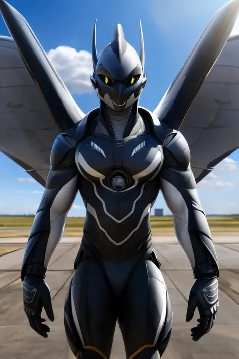 Aeromorph, male, eurofighter typhoon, black sclera, white pupils, plane wings, plane tail, grey body, posing, sunny day, alone, 