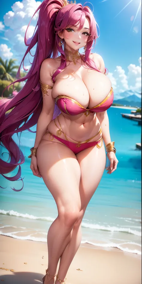 ((masterpiece)), ((best quality)), (detailed), perfect, solo, Jasmine, luscious smiling lips, manic smile, love-filled eyes, long colored hair, high ponytail, curly hair, huge breasts, deep cleavage, large breasts, ( large breasts) Bermuda ( wide hips ), (...