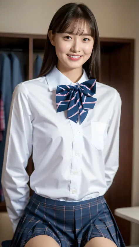 (Highest quality, 4K, 8k, High resolution, masterpiece, Genuine, Realistic, Realistic:1.3), (upper body, from below), Girl standing in a school changingroom, grin:1, phisically accurate, ((wearing white collared Uniform with blue bow tie, dark blue sweater...