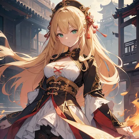 (masterpiece, absurd quality, best quality, official art, beautiful and aesthetic:1.2), extreme detailed, 1girl, solo, chinese anime girl, blonde Hair, midle boobs, green Eyes, chinese clothes, cowboy shot, looking at viewer, simple background,