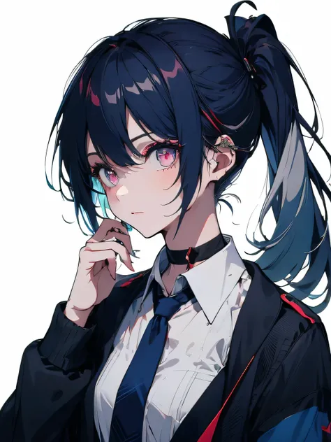        absurd,        is high resolution      ,        very detailed,
,     depicts a black and white world,       uses only shades of black      ,     Represents  blue hair    ,    semi-long、  high ponytail，   the rest of the hair hangs down  ，Abnormally ...