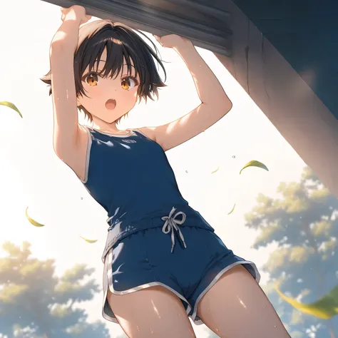 1girl, little female, tomboy, flat chest, sweat, shorts,beautiful detailed eyes,open mouth, outdoors,wind,  game CG, break,(artist:mitsumi_misato),artist:fujiyama,artist:aquaplus, break,(masterpiece), (best quality), (ultra-detailed),(Detailed Lighting), v...