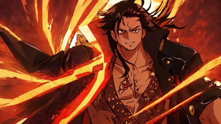 Male, wanostyle, (((high quality))),  different poses,  Hair: Auburn and slightly unkempt Eyes: Amber with a sharp, piercing gaze A jagged scar running across his chest  ((black leather coat lined with red stitching, reminiscent of pirate attire))