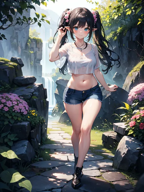 detailed image, realistic image, 1 elf, she has black hair, very long hair combed in two pigtails, turquoise eyes, smiling happily. blushing, She has a curvy body, medium breasts. She is dressed in a loose top, showing her belly button, casual mini shorts....