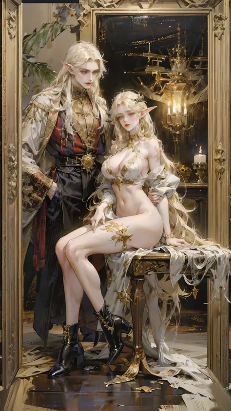 naked ,(Fechin Oil Painting - Fechin Oil Painting , oil painted) ((best quality)), ((masterpiece)), (detailed), elf ears ,big tits, big breasts ,tattoos ,golden hair, long hair ,horns ,horns on head , full body ,tatoos , glowing eyes, black boots, gigantic...