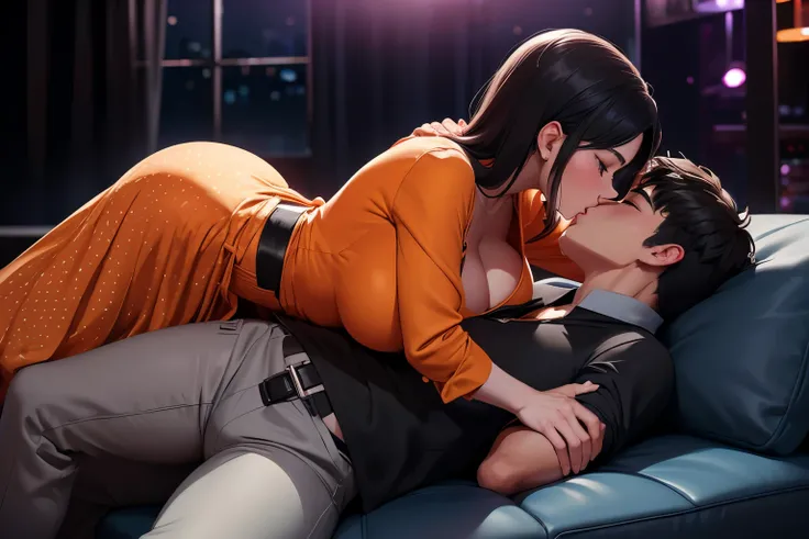 Young boy wearing black shirt with folded sleeves tucked into grey pants with a black belt kissing and making out with a sexy and beautiful woman wearing an orange and white polka dress lying on the couch in a secluded area in a club