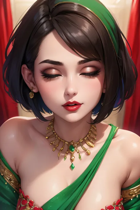 Amazing portrait of a sexy woman with her short hair in a bob style and her face covered with lots of makeup gazing at us seductive with her perfect red lips parted wearing a green saree in an empty bathroom