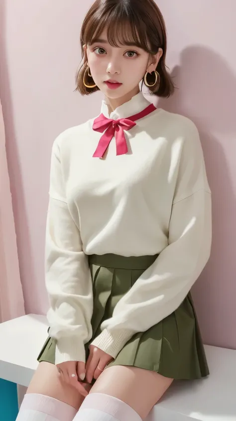  calm brown eyes 、 bob cut 、 white Y shirt、 large red ribbon around the neck 、Dark blue mini skirt、 white high socks、 brown loafers 。 lightly put your hands on your lower back 、 slightly confident expression 。 long green earrings on both ears 。 clear detai...