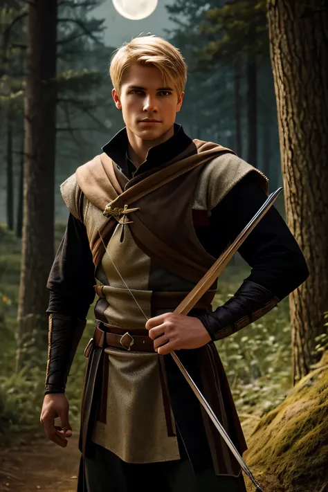 A male archer ,  short-haired blond ,  medieval archer clothes with colors Black and gray,  diagonal scar near the nose , medieval rpg style,  forest background with shining moonlight in the background .