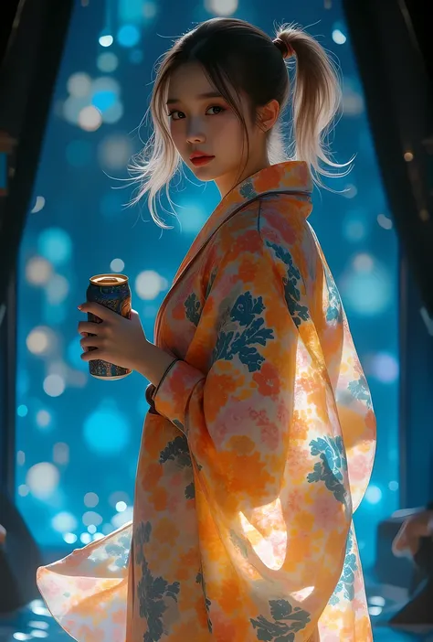 Taking a break on an illuminated platform, a lady is making a crazy face in the photo showing a can of soda, 1girl, Alone, looking at viewer, twintails