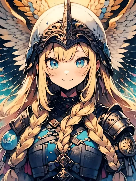 alone,upperbody,blonde braids, valkyrie 、War Goddess、bird feather helmet 、 female attractive armor、Holy Sword、smile, like a painting:1.2、kaleidoscope,watercolor画風:1.2, The Art of Mathematics, Official Art, Masterpiece , beautiful, ((watercolor)), paint spl...