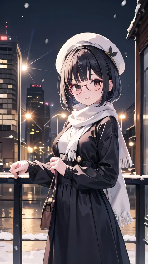 a girl, 20 years old,bob cut hair,black hair, brown eyes,medium breast,smile,glasses,sweater dress,maxi dress,scarf,white beret cap,snow,city,outdoors,Best Quality, High resolution, Extremely detailed, Detailed background, Perfect Lighting