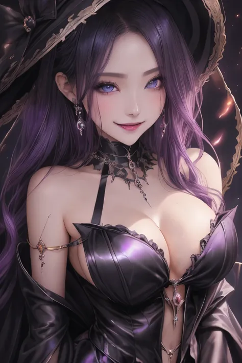 強力なスーパーevil女がクローズアップでポーズをとる,  Black Goddess  (Bare shoulders), length,  flowing purple hair ,  watches viewers,  Highly Detailed Faces,   perfect hand with giant bow ,  Blue Smoke Swirling Around Her , evil事を愛する, Attractive blue eyes, Dark fantasy,  ，   re...