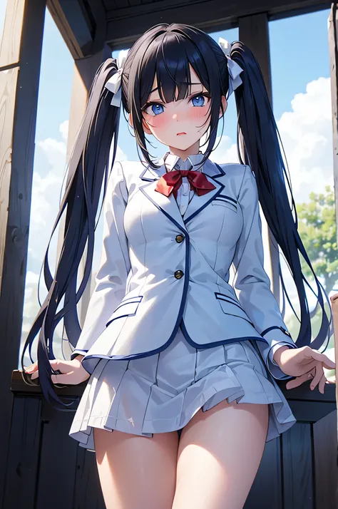 8k resolution,(( top quality)), super high resolution,Adult female, Alone,  sexy, ( sad face), ( blue eyes),  beautiful symmetrical face , (white curled twin tails), blazer uniform, miniskirt, white panties, realistic :1.4, realistic :1.4,(  masterpiece  :...