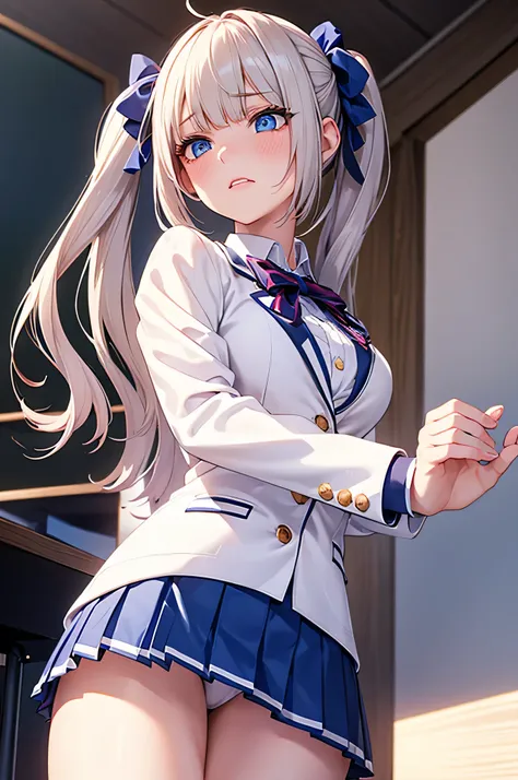 8k resolution,(( top quality)), super high resolution,Adult female, Alone,  sexy, ( sad face), ( blue eyes),  beautiful symmetrical face , (white curled twin tails), blazer uniform, miniskirt, white panties, realistic :1.4, realistic :1.4,(  masterpiece  :...