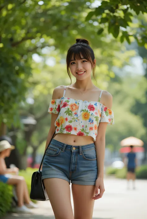 Thai woman, A trendy Asian teenage girl in a chic off-shoulder crop top with floral patterns and low-waisted denim shorts. Her hair is styled in a messy bun. She stands confidently in a sunny park, holding a refreshing drink and smiling brightly. The lush ...