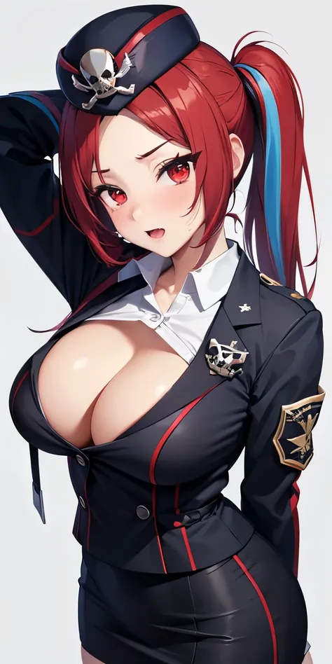 1 Female,High definition,high resolution,Ultra-realistic,8K, 1girl, solo, red hair, red eyes, twintails, employee uniform, pencil skirt, skull print, navy cap, fang, black legwear, white gloves, large breasts,European,sexy,Upper body close-up,Photographed ...