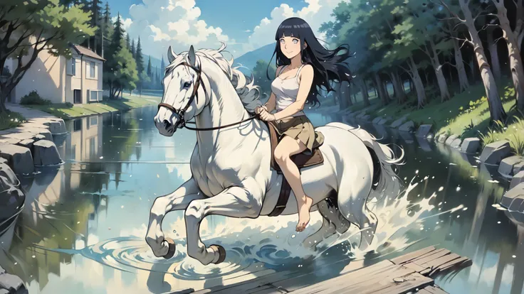 ((best quality)), ((anime masterpiece)), (high detailed), 8k, cinematic lighting, perfect face, medium breast, cleavage, (((a smiling woman wearing miniskirt riding on a REARING WHITE HORSE)), (hinata hyuga, long hair, {black hair}), (sleeveless, miniskirt...