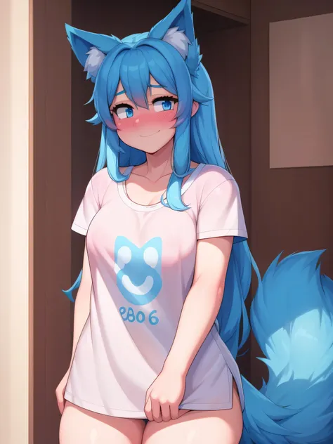 (Masterpiece) (High Detail) (High Res) A short little slim humanoid girl with pale human skin and blue eyes and long blue hair and blue dog ears and a fluffy blue dog tail and average breasts. She is wearing only an oversized baggy white t-shirt. She is bl...