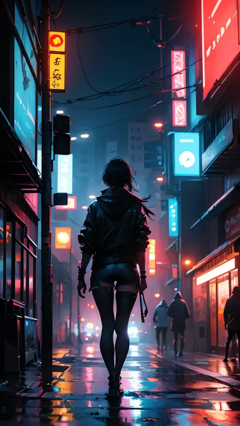 a defeated heroine,walking backwards,in the rain,torn clothes,city street at night,neon colored lights,cinematic,moody atmosphere,dramatic lighting,dark and gritty,highly detailed,photorealistic,8k,award winning digital art,dramatic scene,emotional express...