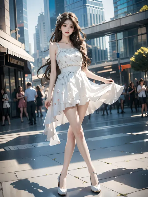 flower_dress, 1girl, Pure girl style, Slender legs, Fat-free legs, A young woman with long, flowing hair sits gracefully on a step in a vibrant urban environment. Her right hand gently touches her hair, and her posture leans slightly forward, exuding elega...