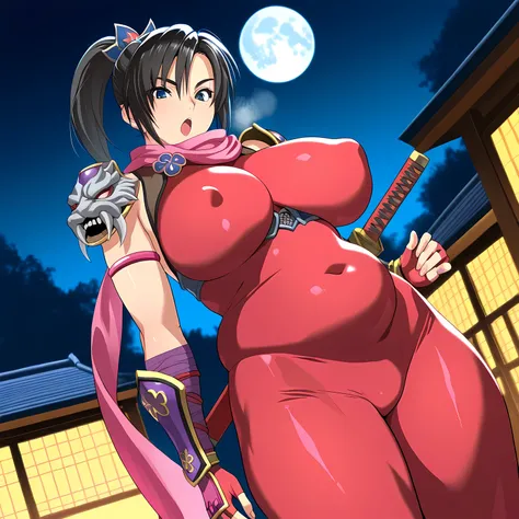 masterpiece, best quality, very aesthetic, absurdres, (RIN-SIN(artist):0.7), (hima(artist):0.3), (loliconder(artist):0.3), (yabuki kentarou(artist):0.3), solo, 1girl, taki (soulcalibur), black hair, ponytail, huge breasts, arm guards, bodysuit,covered nave...