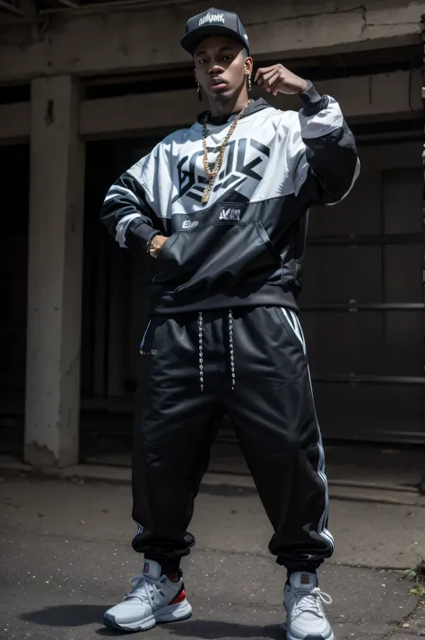 full body picture Unreal Engine 5 8K UHD of young black man, In hip hop attire, best quality, boom box.