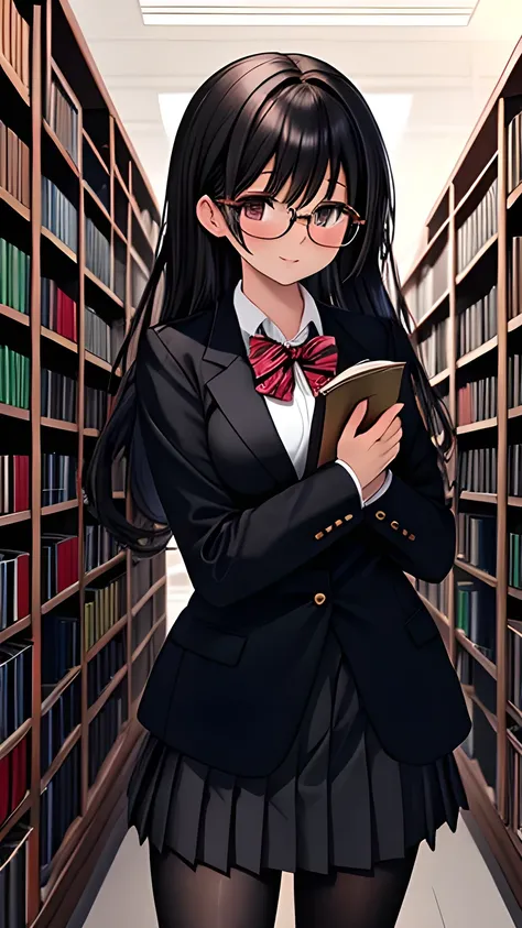 woman， black hair， College Student ，（（ blazer，uniform，Glasses， black tights，）） Libraries ，reading，masterpiece,  top quality,  very aesthetic ,  super high resolution ，