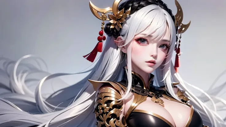 super high quality, masterpiece, Perfect illustration, Very detailed:1.6, 1girl, 23 years old, cute girl, white hair, sharp and big beautiful eyes, medium breasts, bright skin. fantasy royalty, onmyoji, majesty, asian dress. black and gold clothes. simple ...