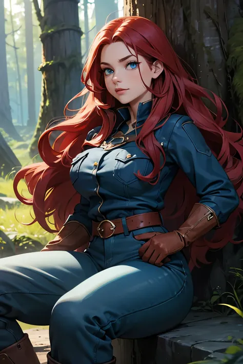 solo, close up, woman,  long hair,  red, wavy hair, blue eyes,  forest, large stones visible, mining, chunky blue ore,   mischievous, fully clothed, boots, thick waist, hips, gloves, miner, pants, fantasy,  dark clothes, medium shot,