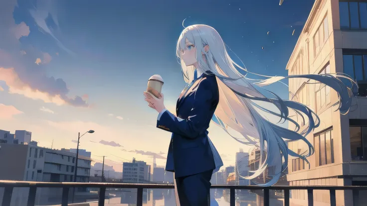 (masterpiece), (best quality), ultra detailed, finely detailed color, cenematic painting, bishoujo, ((one lady)), teenager, cute face, white hair, absurdly long hair, straight hair, ((deep blue eyes:1.5)), (holding coffee:1.4), ((business suit:1.5)), black...