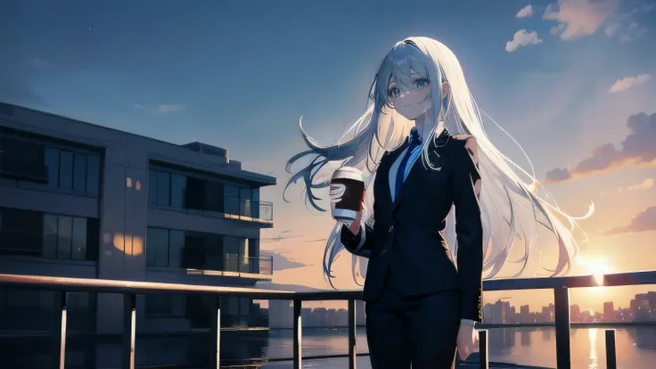 (masterpiece), (best quality), ultra detailed, finely detailed color, cenematic painting, bishoujo, ((one lady)), teenager, cute face, white hair, absurdly long hair, straight hair, ((deep blue eyes:1.5)), (holding coffee:1.4), ((business suit:1.5)), black...