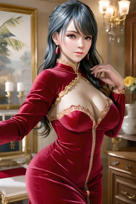 (1girl:1.5),Dressed in luxurious red (velvet long-sleeved dress: 1.5), she has an elegant pose and gazes forward. She has flowing wavy hair and wears delicate earrings that complement her classical look. The background is a cozy vintage interior with white...