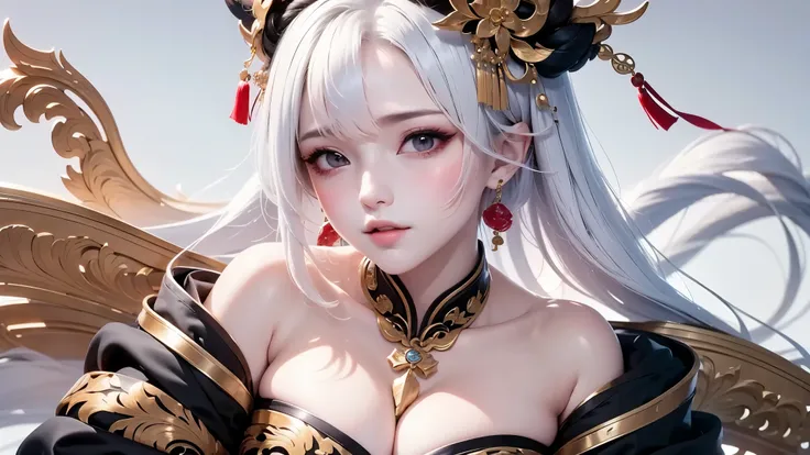 super high quality, masterpiece, Perfect illustration, Very detailed:1.6,　white barance, 1girl, 23 years old, cute girl, white hair, sharp and big beautiful eyes, medium breasts, bright skin. fantasy royalty, onmyoji, majesty, asian dress. black and gold c...