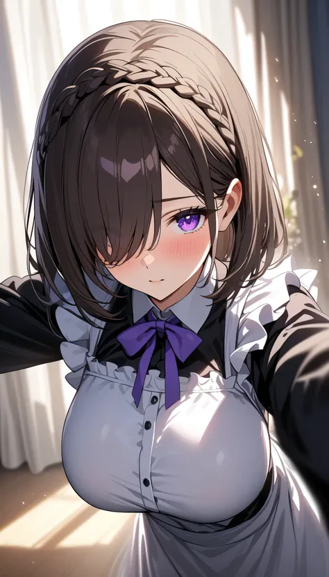 (masterpiece, Highest quality:1.2), (1girl), alone, ((medium hair)), ((dark brown hair)), (straight hair), ((hair over face)), (hair over one eye), (hair over right eye), (black maid dress), white apron, long sleeves, (purple eyes), (big breast), high deta...