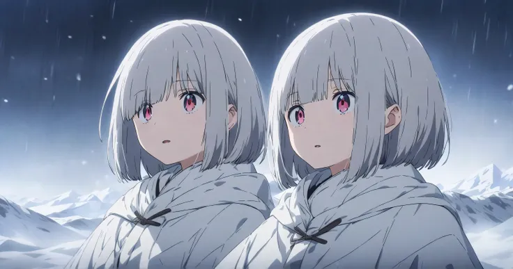 Snowy mountain at night　 girl with gray hair bob　 hide one eye 　 skirt with open pupils 　 tattered white clothes　 scenery main 　anime