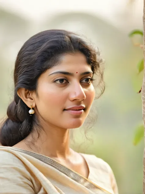 ultrarealistic hires close up photo of a 30-year-old sai pallavi woman, outdoors, realistic skin texture, looking looking at camera, high collar intricate (cotton_saree_blouse:1.2), beautiful bokeh background