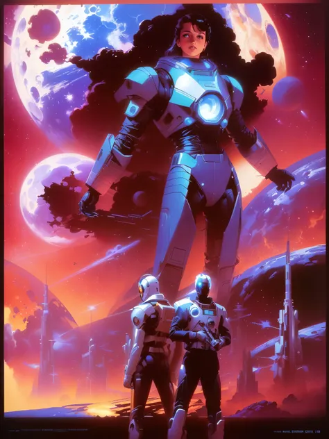   there are two men standing in front of a giant robot, inspired por Chris Moore, por Chris Moore,  retro sci-fi  art,  Wayne Barlowe and James Gilleard  ,  Inspired by Scott Listfield , 1 9 8 0 s  retro sci-fi  art,  8 0 s Print Science Fiction Art ,  ret...