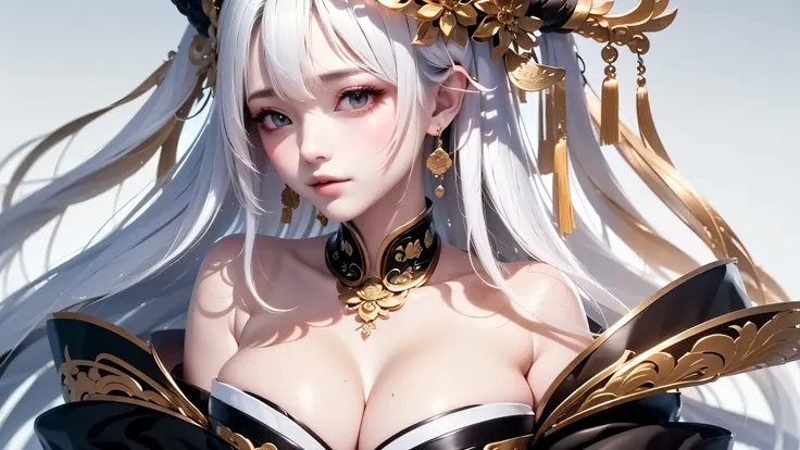 super high quality, masterpiece, Perfect illustration, Very detailed:1.6,　white barance, 1girl, 23 years old, cute girl, white hair, sharp and big beautiful eyes, medium breasts, bright skin. fantasy royalty, onmyoji, majesty, asian dress. black and gold c...