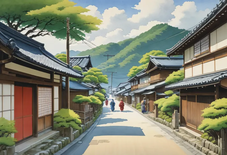 Cityscape painting depicting people walking down the street, Japanese Street, , Japanese Village, Inspired by Kawase Hasui, Japanese cities, Detailed scene — 672 , hiroya oku painterly, Japanese countryside, Japanese watercolor painting, Japanese Art Style...