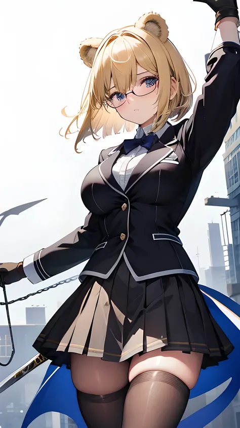 1girl, Bear ears,  Female College Student, solo, Are humans deaf， blonde bob， Underrim Glasses，gloves, Refers to 5 books， blazer uniform,  Check Skirts， black tights，Hair gets in your eyes, Outdoor,  holding a sword，Swinging a sword, Slash Marks ，  Japanes...