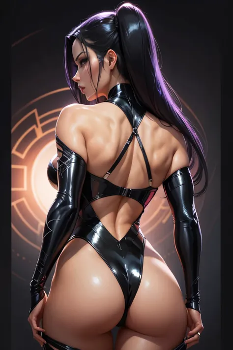 Psylocke from the back, black shiny lingerie, intricate, elegant, highly detailed, digital painting, artstation, concept art, smooth, sharp focus, illustration, art by artgerm and Greg capullo and jim lee, 8k
