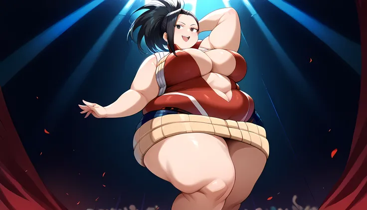 fat body, tall, yaoyorozumomo, black eyes, black hair, ponytail, long hair, hair pulled back, center opening, cleavage, red leotard, hero outfit, fat body, wide waist big . sexy body, sexy figure, fat thighs, sexy, wide waist, desireable, tempting, lust, f...