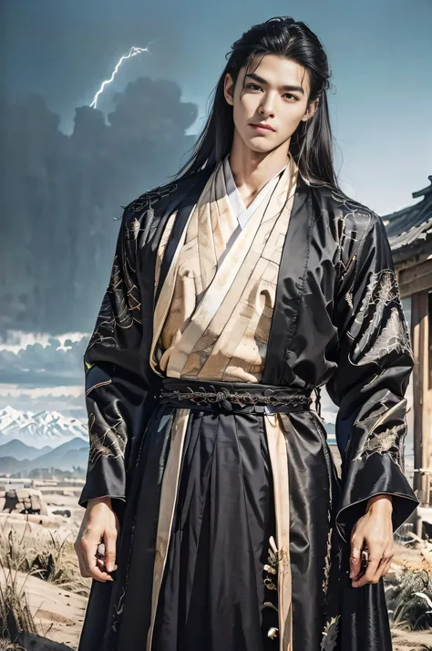 A 21-year-old Asian man, Thick eyebrows, handsome face, perfect face, Mens full body, mountain in background, limbs have pronounced muscle lines, high-definition photography, Real-world scenarios, Lots of detail, messy long hair, ((wearing pure black hanbo...