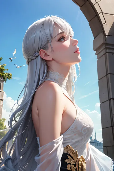 (( top quality)), ((  masterpiece  )), (  Details),  1 girl in uniform, blue sky, Birds Flying , 
 4K resolution,8k resolution,beautiful, top quality,Depiction from a full-body long shot,  really great ,非常に Detailsな, super high resolution,  masterpiece  , ...